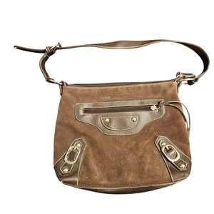 Ana New Approach Brown Suede Leather Shoulder Bag Zip Pocket Stud Accent Y2K